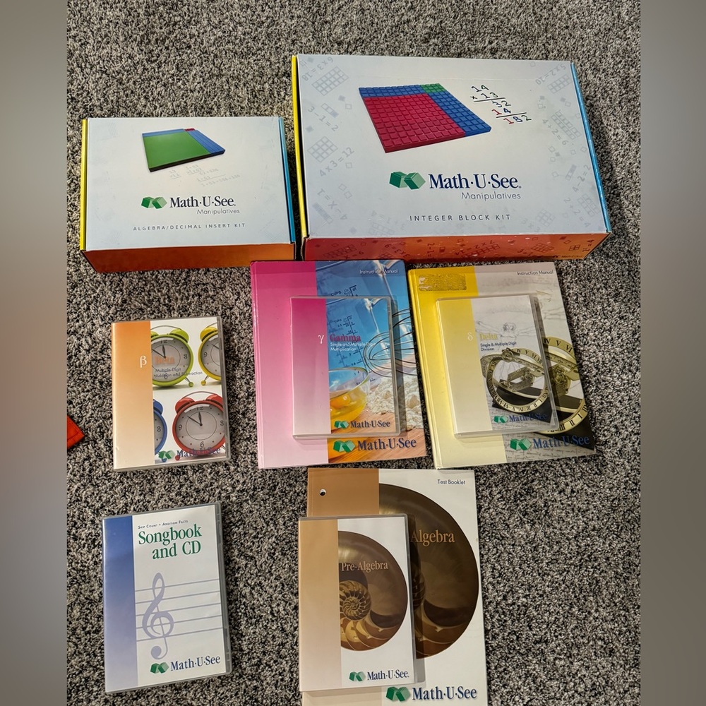 Math U See Beta, Gamma, Delta, Pre Algebra, sing a long and manipulatives.